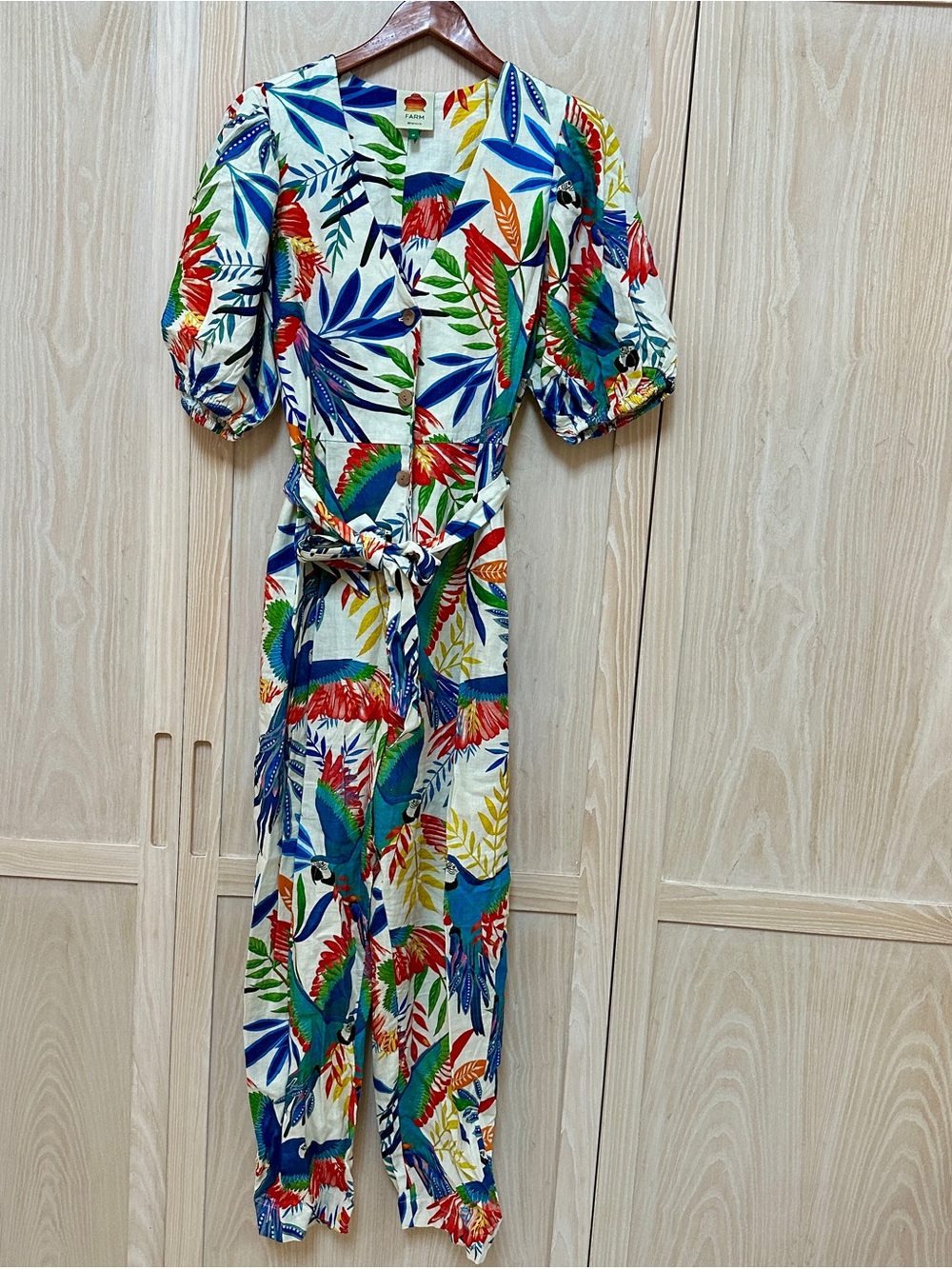Farm Rio Linen Blend Tropical Print Jumpsuit Size M